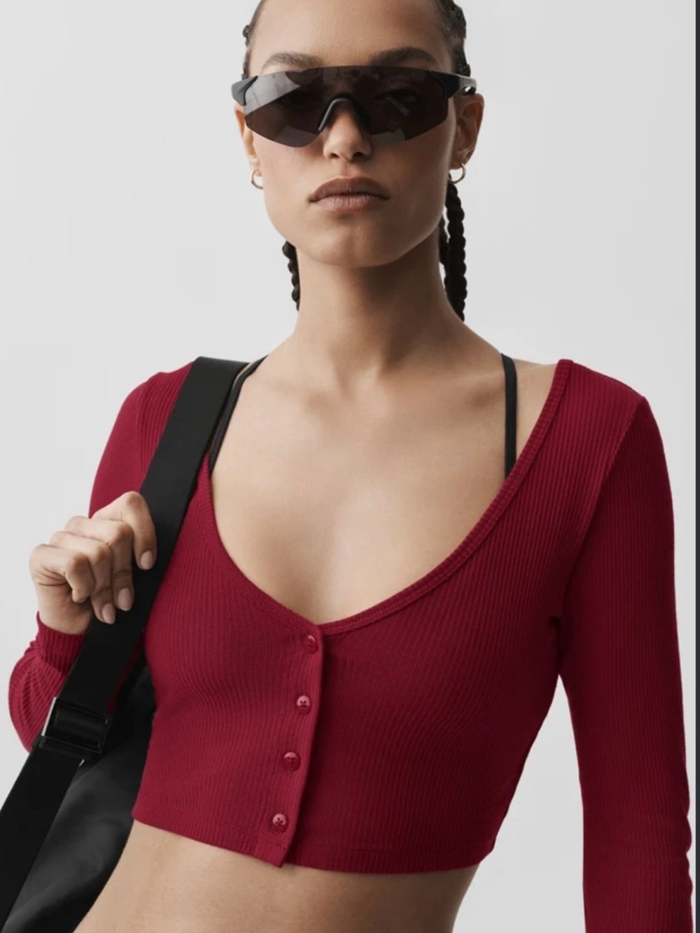 ALO Yoga Ribbed V-Neck Button-Front Crop Cardigan - Deep Red